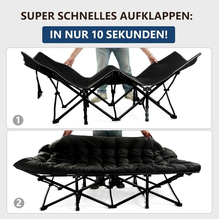 Кемпінгове ліжко Bonnlo розкладне з матрацом – ліжко для риболовлі, відпочинку на природі, у саду, на пляжі, 190x71x36 см (Чорний)