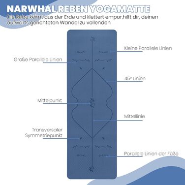 Килимок для йоги Нарвал з розміткою, 6 мм, екологічний TPE, 183x61 см, блакитний