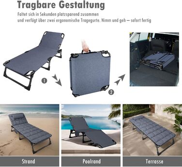 Розкладне шезлонг з регульованою спинкою в 4 положеннях, портативний багатофункціональний лежак для кемпінгу, саду, басейну, патіо - блакитний, з м'яким матрацом та подушкою