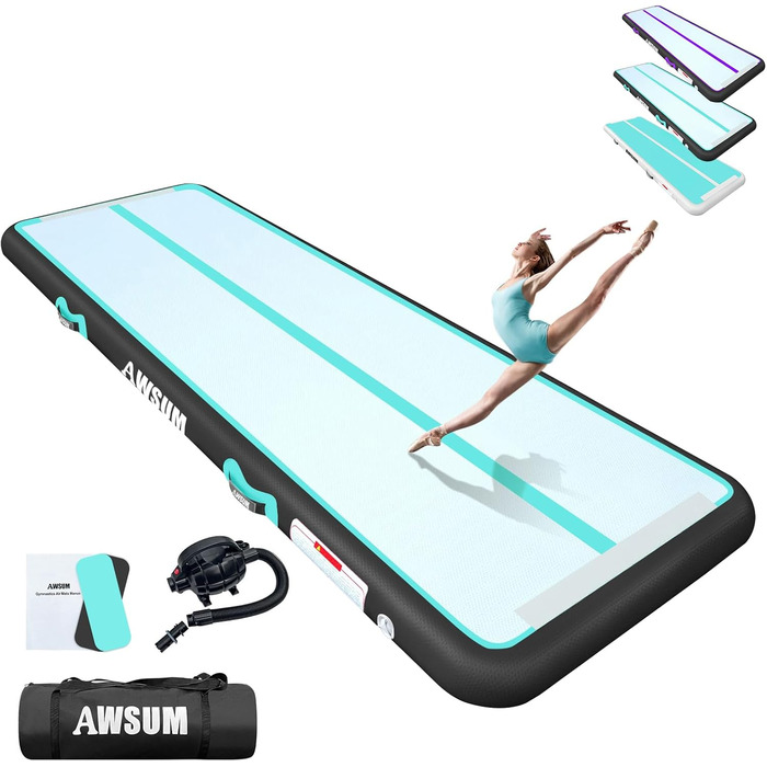 AWSUM Надувний гімнастичний мат, 2/3/4/5/6м, 10/20см, для йоги, фітнесу, дому, на вулицю, з насосом, Mint Green/Black
