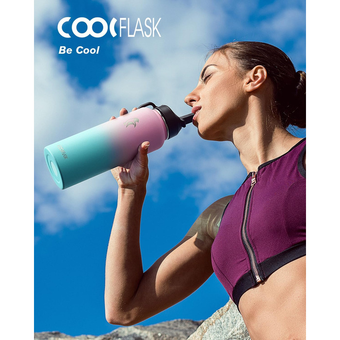 Термос-бутилка Coolflask 1180 мл з трубочкою, 3 кришки, металевий, вакуумний, для спорту та офісу, Bubble Gum