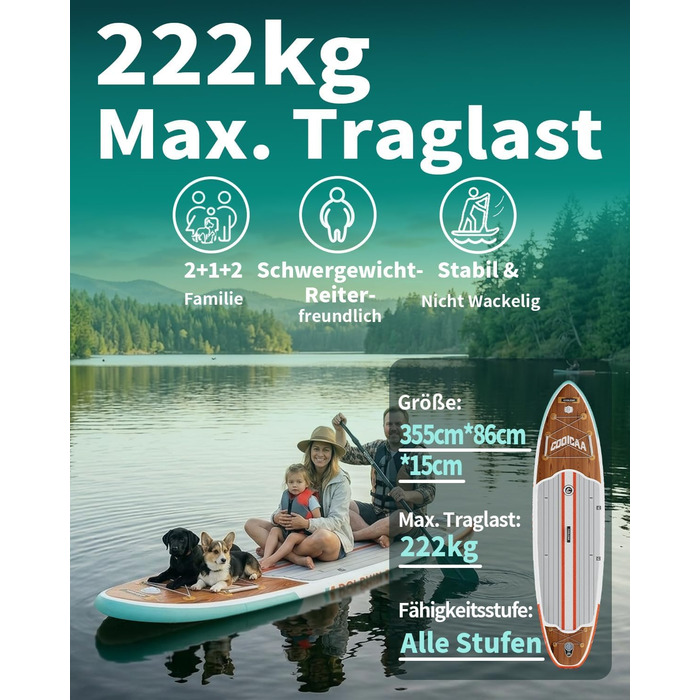 SUP дошка COOLCAA 355 см Timber Skiff надувна з аксесуарами та сумкою для дорослих, вантажопідйомність 222 кг, ширина 86 см