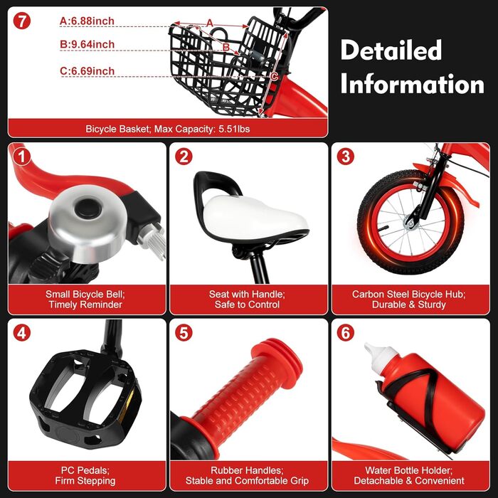 Дитячий велосипед 12 дюймів для дівчаток та підлітків, 3-6 років, з кошиком, червоний