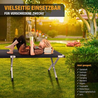 Розкладне ліжко Kronenburg XXL для кемпінгу, 210x72x45 см, міцний сталевий каркас, чорний колір, до 200 кг