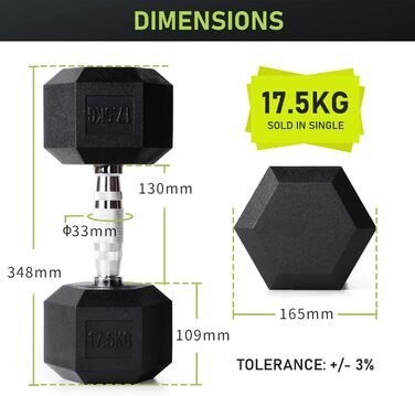 Гантель PhysKcal Hexagon 17,5 кг, поліуретанова, нековзка, ергономічна хромована ручка