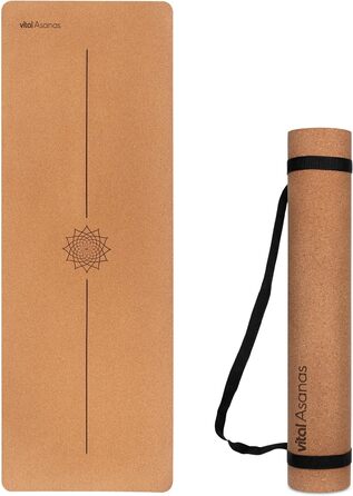 Йога мат Vital Asanas Premium: натуральний корк, протиковзаюча, з ручкою для перенесення. Підходить для йоги, пілатесу та фітнесу