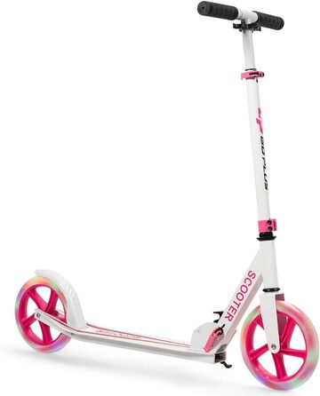 Дитячий трюковий самокат GOPLUS Roller Kinder 10 років, 3-ступенева регулювання висоти, алюмінієвий, з LED-колесами, гальмом, ременем та підставкою, до 100 кг (Рожевий)