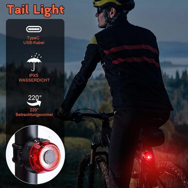 Набір LED-ліхтарів для велосипеда: передній ліхтар (60/35 LUX, 2 режими), задній ліхтар (4 LUX, 1 режим), USB-C зарядка, IPX5 водостійкість