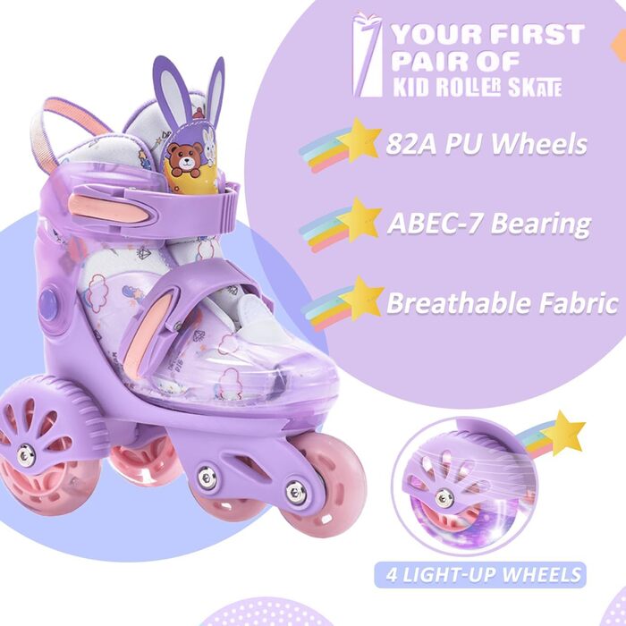 Роликові ковзани ERNAN для дітей, регульовані, для дівчаток та хлопчиків, безпечні, з великими колесами (фіолетовий)