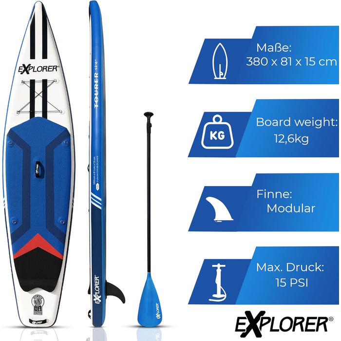 Надувна SUP-дошка EXPLORER TOURER 12.6 для плавання стоячи, комплект до 180 кг: алюмінієве весло, рюкзак, насос, плавник, ремкомплект