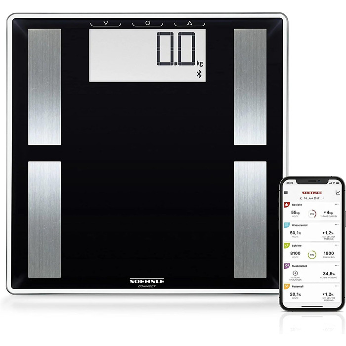 Смарт-вага Soehnle Shape Sense Connect 50 з Bluetooth, аналізатор складу тіла BIA, чорна, велике LCD, підключення до додатку