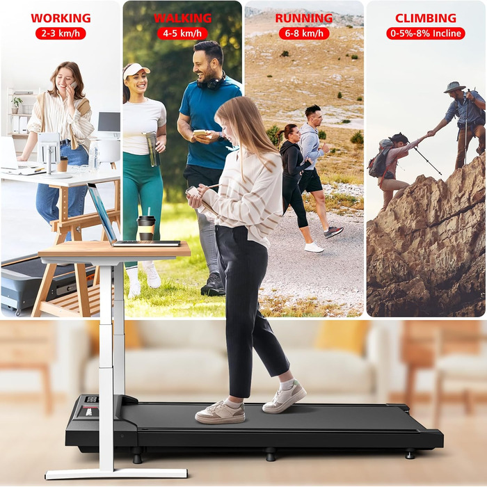 Walking Pad Treadmill Cardirun з нахилом та ручками: компактний біговий тренажер 2-в-1 для дому, 2.5HP, до 136 кг, LED-дисплей, керування через додаток/пульт, чорний з підлокітниками