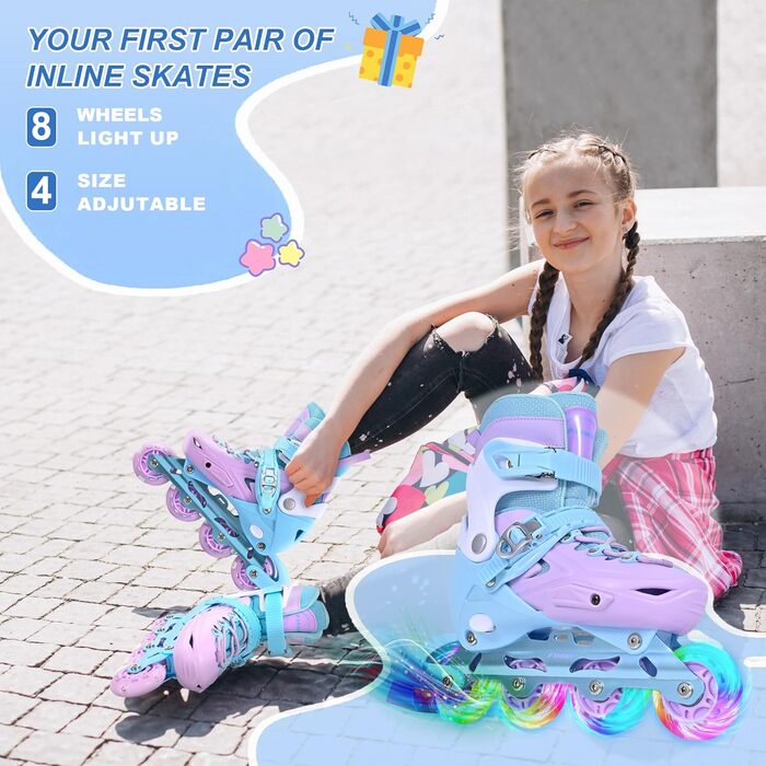 Дитячі ролики-інлайни для дівчаток з підсвічуванням коліс, фіолетовий колір. Підходять для початківців, для використання в приміщенні та на вулиці.