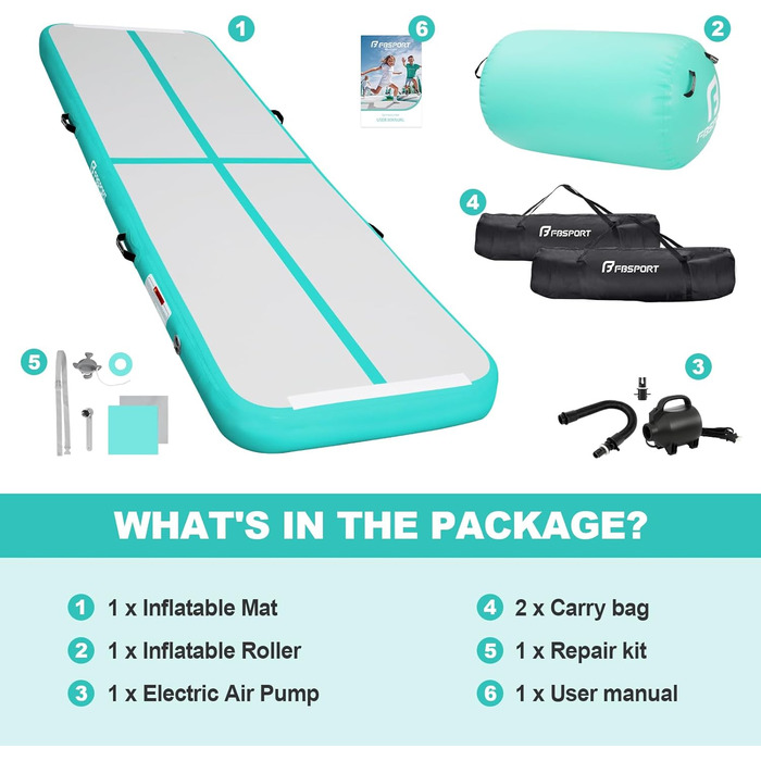 FBSPORT Килимок для гімнастики та йоги з повітряною ролкою, 400x100x10 см (зелений)