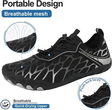 Взуття Barfuss для жінок та чоловіків: водонепроникні шкарпетки, кросівки для плавання, дихаючі, швидко сохнуть, 36-46 EU (41 EU, чорний сріблястий)