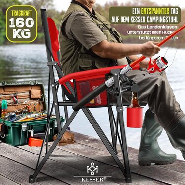 Кресlo для кемпінгу KESSER® - складне, 160 кг, з підлокітниками, кишенею для напоїв та сумкою | Стілець для риболовлі, пляжу, відпочинку