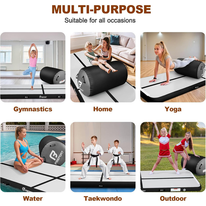 FBSPORT Килимок для гімнастики та йоги надувний, 400x100x10 см, з ролею, чорно-сірий