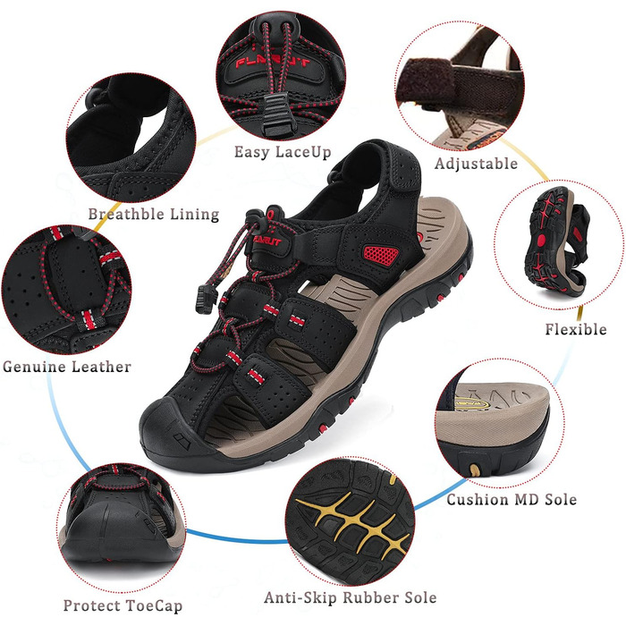 Чоловічі сандалі FLARUT для туризму та пляжу, шкіряні трекінгові, спортивні, літні, чорні, 44 EU