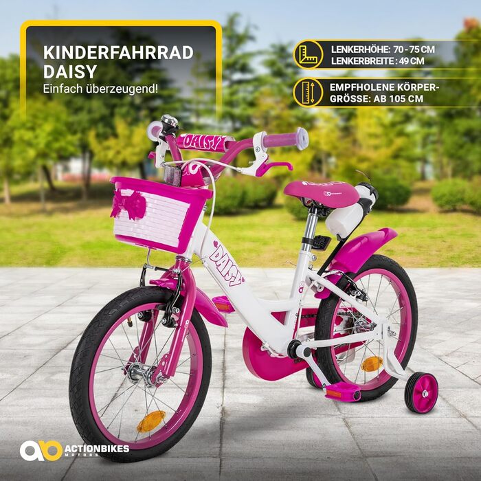 Дитячий велосипед Actionbikes Daisy 12/16/20 дюймів, V-гальма, для дівчаток і хлопчиків, з крилами, від 2 до 9 років