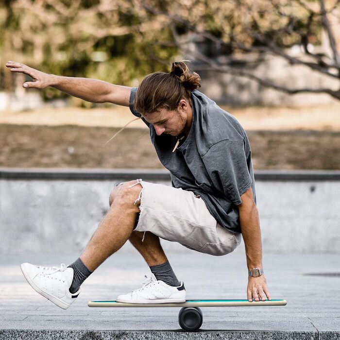 Sportneer Баланс Борд для Дорослих – 7-в-1 Дошка для Балансування, Серфінгу та Фітнесу, Дерев'яна, для Тренування, Реабілітації та Координації, з Роликом та М'ячем, Жовтого та Чорного кольорів (M, Синій та Чорний)