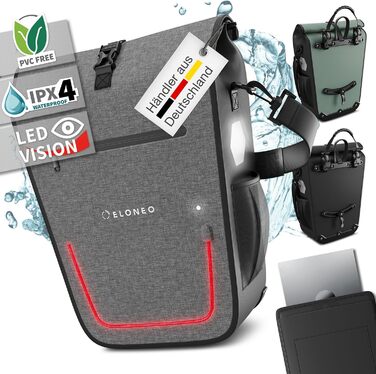 Велосипедна сумка ELONEO для багажника з LED-підсвіткою, водонепроникна, 25 л, з відділенням для ноутбука, сірий колір, з ручкою та плечовим ременем