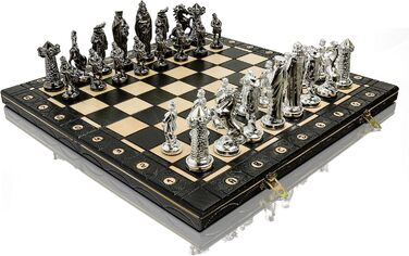 Розкішні шахи «Середньовіччя» Silver Edition 40 см — металеві шахові фігури та велика декоративна дерев'яна дошка