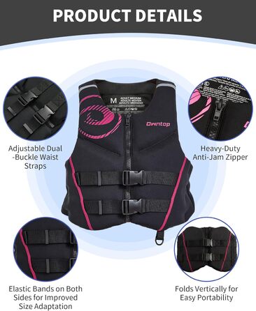 Owntop Жилет рятувальний для дорослих | Легкий неопреновий жилет | Складаний засіб плавучості з подвійними страховими ременями | Жилетка для водних видів спорту, каякінгу, риболовлі, веслування (Рожевий, L)