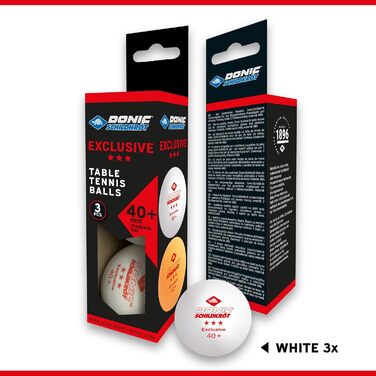 М'яч для настільного тенісу Donic-Schildkröt Exclusive 3 зірки, поліуретан 40+ якість, для тренувань та розваг, білий, помаранчевий або кольоровий, 6/3 шт.