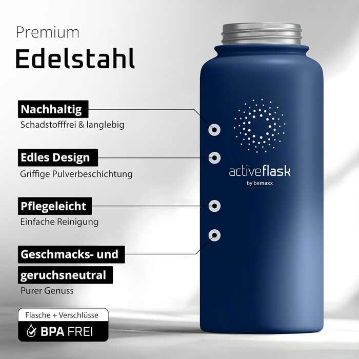 Фляга для води ACTIVE FLASK з соломкою (3 кришки) 950 мл, нержавіюча сталь, BPA-free, без витоку, для напоїв з газом, ізольована, спортивна, дитяча, синій Navy Blue