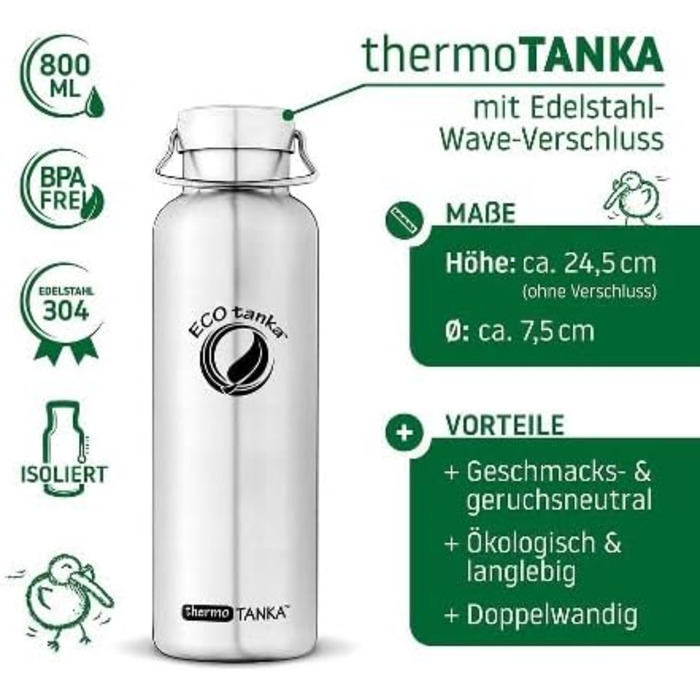 Термос-пляшка ECOtanka 0,8 л з нержавіючої сталі, вакуумна, для гарячих і холодних напоїв, подвійні стінки, тримає тепло/холод понад 8 годин, ідеально для чаю, кави, спорту та відпочинку