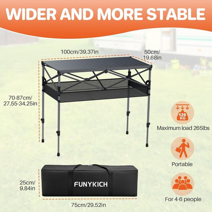 Складаний туристичний стіл FUNYKICH 82x40 см з регулюванням висоти (44/70 см), з сітчастою кишенькою, для пікніка, кемпінгу, BBQ, саду, партії. Розміри: 100x50x(70/87) см