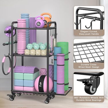 Стійка для зберігання йогаматів, гантелей, м'ячів для фітнесу, ролів, органайзер для спортивного інвентарю з гачками та колесами