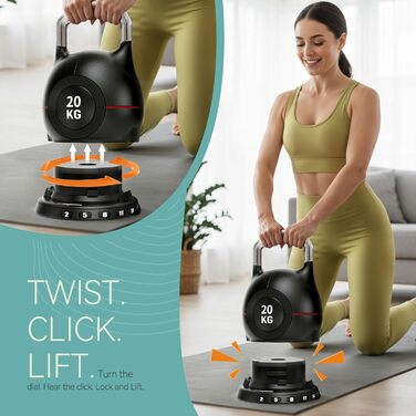 Кетлбел регульований 7-в-1 для дому, 20 кг. Набір гантелей-кетлбелів для фітнесу, чорний. Ідеально для домашнього тренажерного залу.