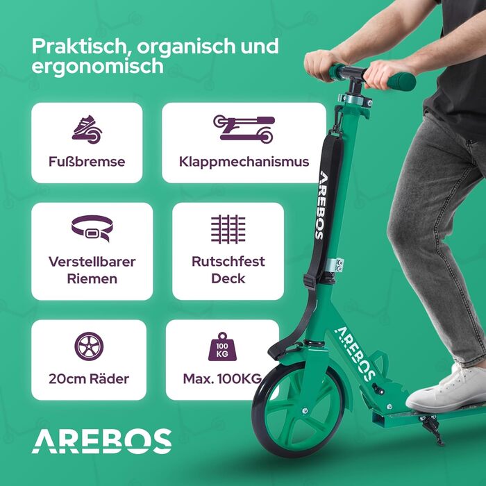 Самокат Arebos Cityroller для дітей і дорослих, складаний, регульований по висоті, XXL колеса, ремінь для перенесення, до 100 кг