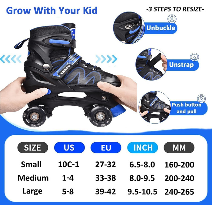 Дитячі ролики ERNAN з регулюванням, світлодіодні, для дівчаток та хлопчиків, підходять для початківців, 4 розміри.