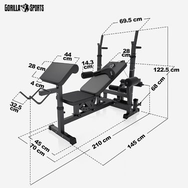 GORILLA SPORTS® Лава для жиму з гантелями 40 кг, 170 см штанга, тренажер для ніг, батерфляй, станція для віджимань, стійка для біцепса, фітнес-станція, силова станція з довгою штангою, чорна