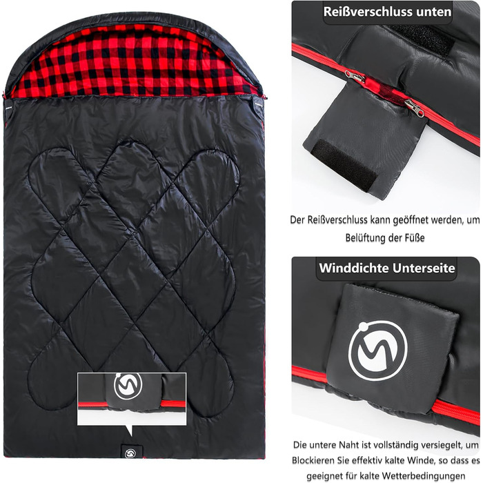 Спальний мішок для дорослих Schlafsack Srwachsene Outdoor Ultraleicht – пуховий, легкий, для кемпінгу, трекінгу та походів (L, чорно-червоний)