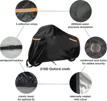 USHOP Мотоциклетний чохол для мотоцикла, скутера, ролера, мопеда, Outdoor XXL, 210D Oxford, UV-захист, з відбиваючими смугами, отвір для замка, вітрозахисні пряжки (245x105x125 см)
