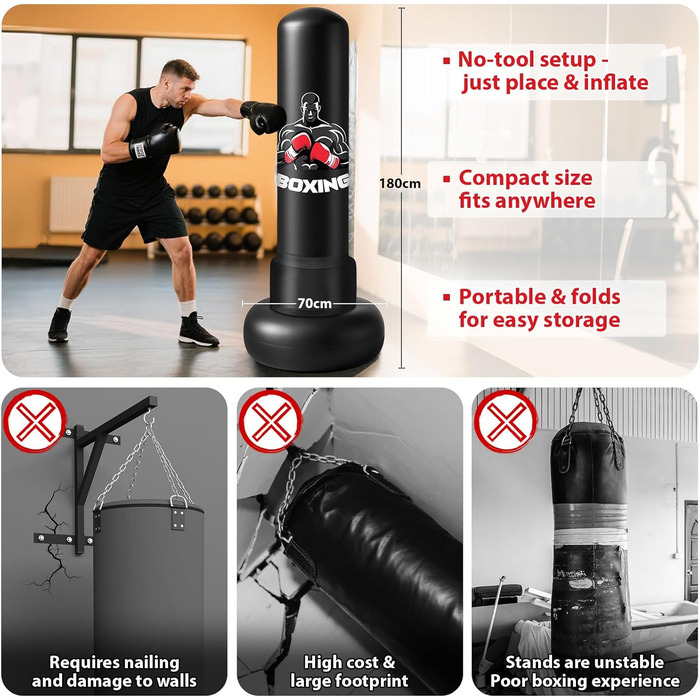 Надувний боксерський мішок Qoosea 180 см з рукавичками для дорослих та підлітків. Ідеально для таеквондо, карате, кікбоксингу та MMA