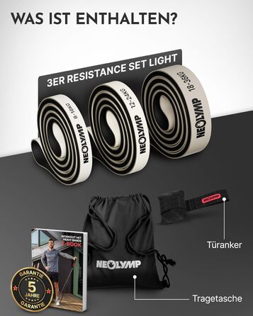 Гумові еспандери NEOLYMP з натурального латексу (3 шт.) - набір для силових тренувань з електронною книгою, 8-36 кг