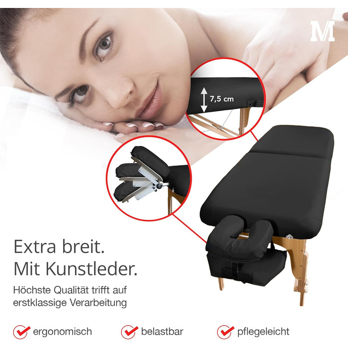 Масажний стіл MASSUNDA Mobile Comfort Deluxe, складаний, регульований по висоті, екстра широкий, з натурального дерева, з ергономічним підголівником, підлокітниками, подушкою, чохлом, кремовий