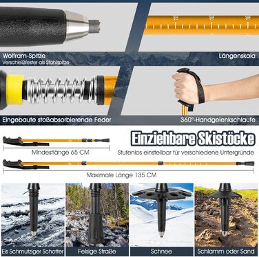 Снігоступи COSTWAY з підйомником, 38-45 розмір, подвійна фіксація, алюмінієвий каркас, трекінгові палиці, чохол, гетри, для чоловіків та жінок, 63 см, золоті