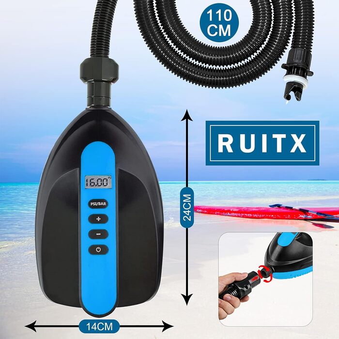 Електричний насос для SUP дошки Ruitx 16PSI, 12V, для SUP, човнів, наметів, синій