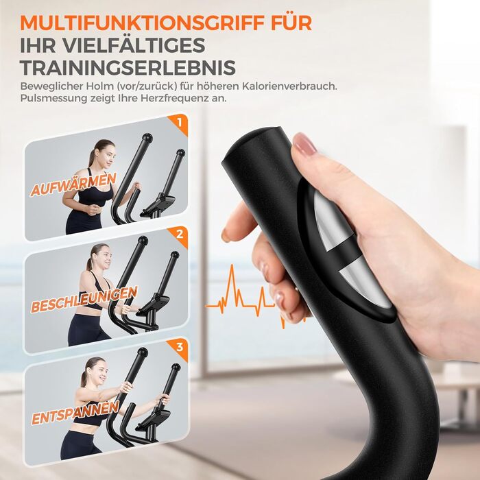 Еліптичний тренажер Pooboo 07-Basic Black з магнітною системою, LCD-монітором та кроком 15,5 дюймів. Витримує вагу до 158 кг, 16 рівнів навантаження.