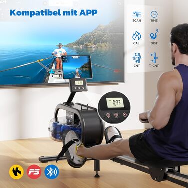Водне тренажер-гребля Dripex для дому, до 150 кг, Bluetooth, LCD, тримач для планшету