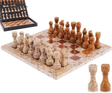 Шаховий набір з мармуру для дорослих, ручної роботи, 32 фігури, 2 додаткові королеви, коробка для зберігання, розкішна подорожна гра, елегантний подарунок для дому (кораловий & темно-коричневий)