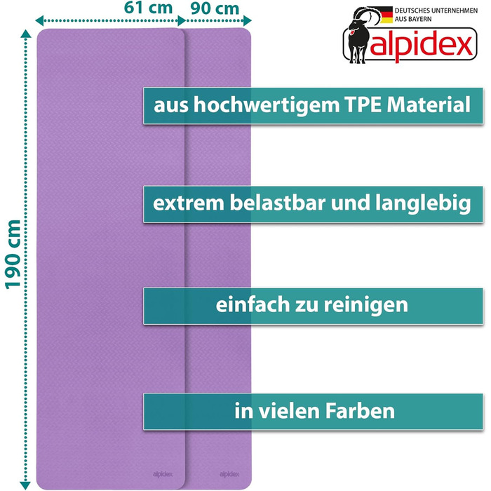 Килимок для йоги Alpidex, 190 x 61 x 0.6 см, антиковзаючі, TPE, фітнес, пілатес, тренування, фіолетовий/блакитний | з електронною книгою