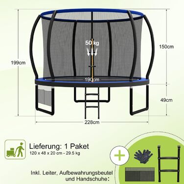 Трамплін Devoko Outdoor: Ø 228/305/366/427 см, сертифікат TÜV Rheinland GS, з сіткою безпеки, для саду, з драбиною та мішком для взуття, блакитний