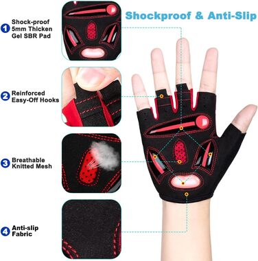 Рукавички для велосипеда MTB з короткими пальцями, дихаючі, неслизькі, амортизуючі, червоні для чоловіків та жінок