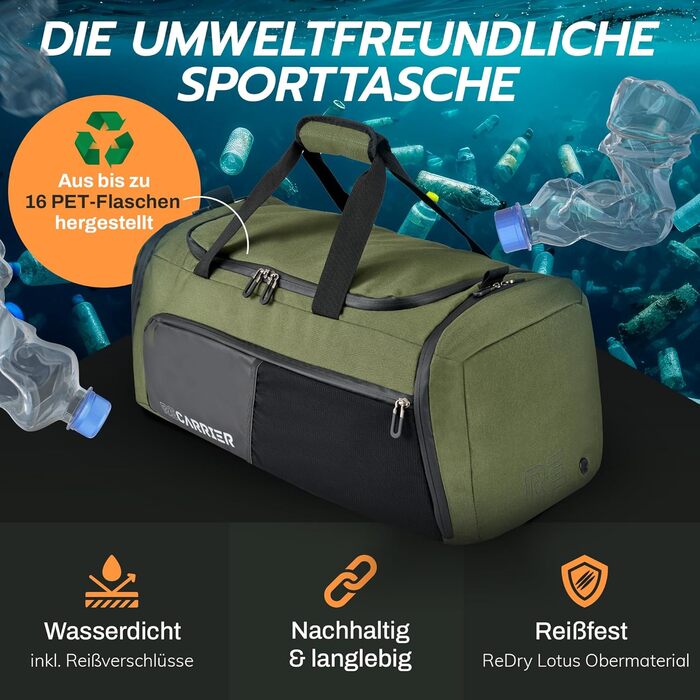 Спортивна сумка [з переробленого PET] 50L – Gym Bag та рюкзак в одному – водонепроникна сумка для тренувань чоловіча/жіноча – спортивний рюкзак з відділенням для взуття, фітнес, велика дорожня сумка (Pinewood Green)